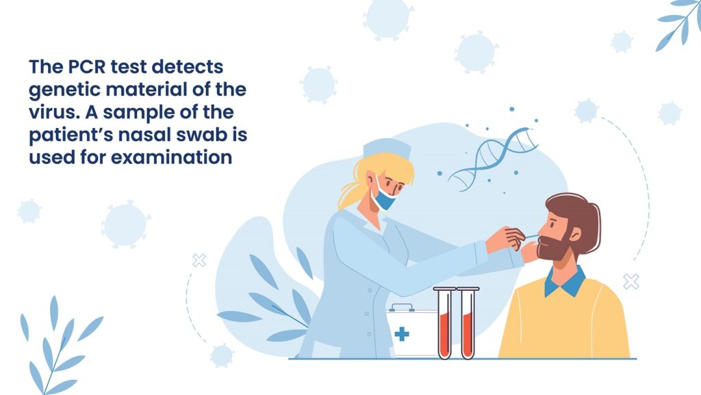 The PCR test detects genetic material of the virus. A sample of the patient’s nasal swab is used for examination